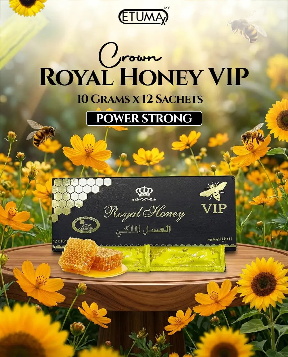 Etumax Kingdom Royal Honey Pack with 12 sachets of king-grade royal honey for men, showcasing individual 20g sachets.