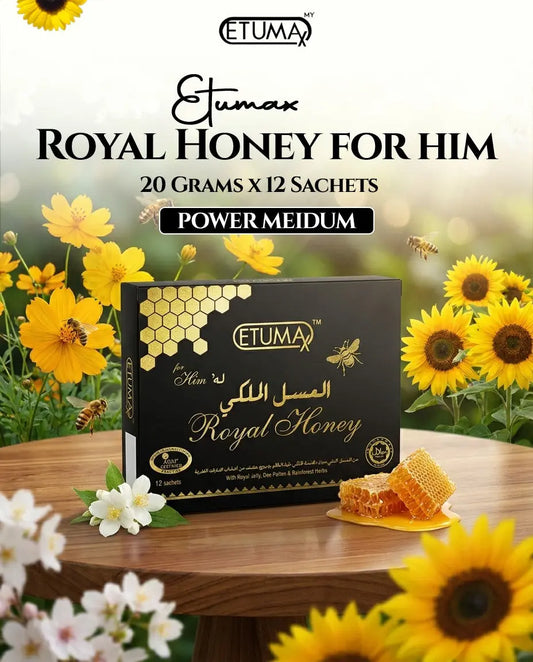 Etumax Kingdom Royal Honey Pack with 12 sachets of King-Grade royal honey for men, 20g each, shown in the image.