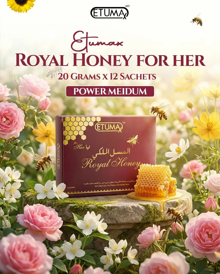 Etumax Kingdom Royal Honey Pack with 12 sachets of king-grade royal honey for men, showing individual honey sachets with branding.