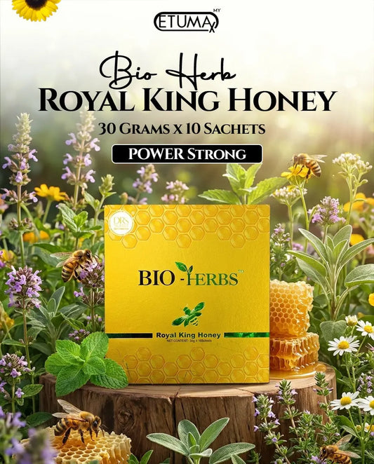 Etumax Bio Herb Royal King Honey pack with 10 sachets of royal honey for men, showing honey sachets on a white background.