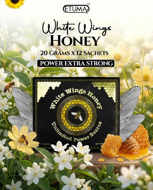 White Wings Royal Honey by Etumax, a jar of premium honey with a golden hue and smooth texture, shown on a white background.