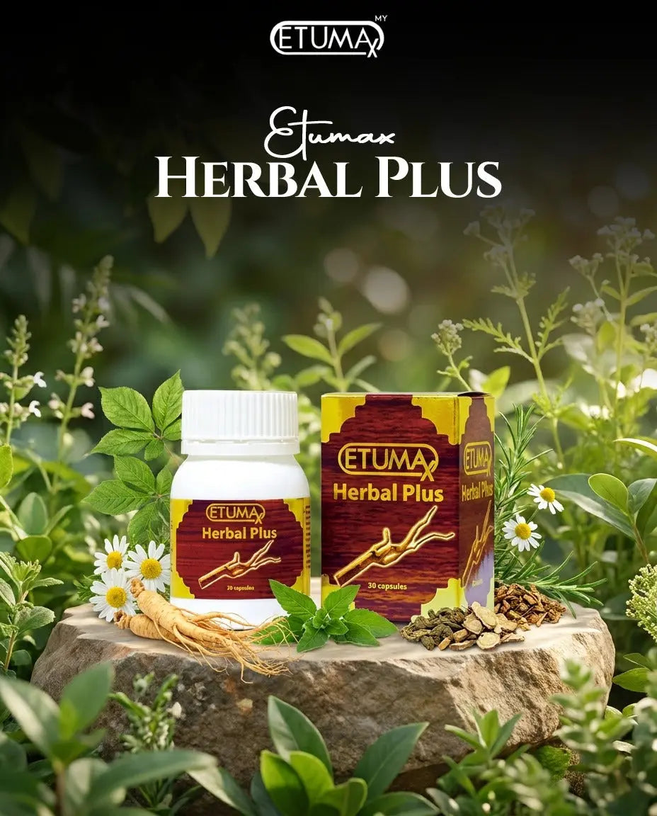 Etumax Herbal Plus supplement bottle with 30 capsules, featuring Tongkat Ali for men's health and vitality.