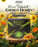 Etumax Xmax Tripleshot energy honey pack with 10 sachets of Royal Honey for men, showcasing honey sachets with honeycomb design.