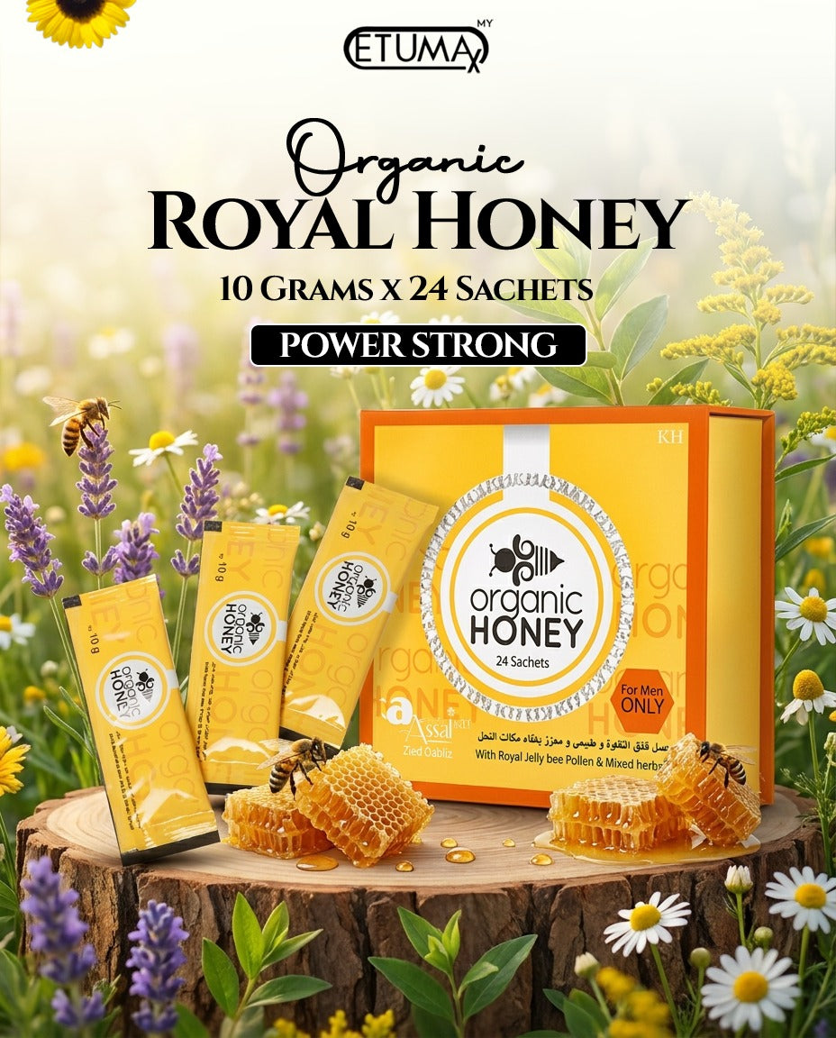 Organic Royal Honey pack by Etumax with 24 sachets of pure honey, ideal for men, shown in individual sachets.
