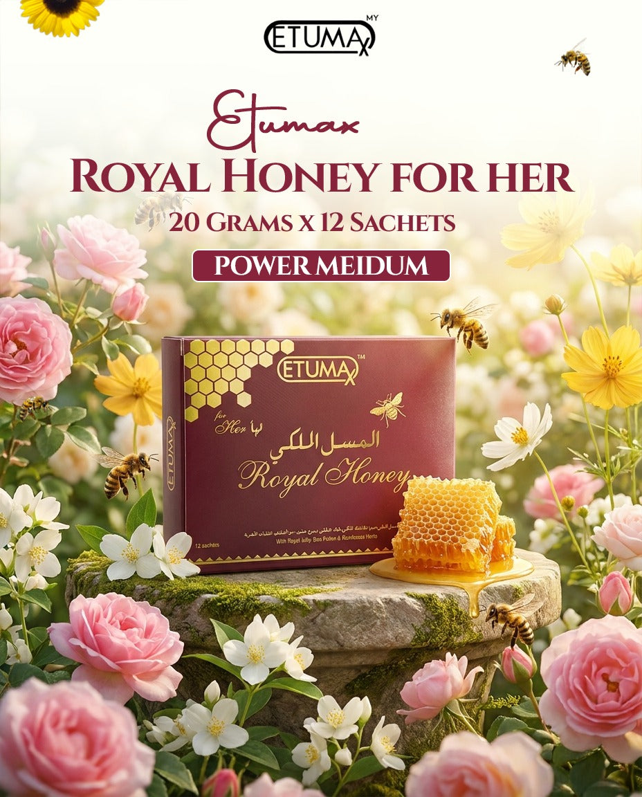 Etumax Royal Honey for Her in 12 sachets, showcasing golden honey packs designed for women, from Malaysia.